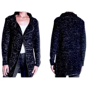 $230 Papillon Knit Jacket Small 2 4 Black Faux Leather Trim Marled Speckled NWT