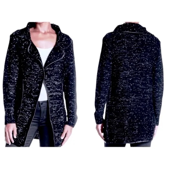 $230 Papillon Knit Jacket Small 2 4 Black Faux Leather Trim Marled Speckled NWT