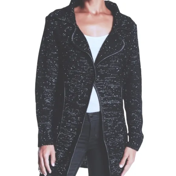 $230 Papillon Knit Jacket Small 2 4 Black Faux Leather Trim Marled Speckled NWT