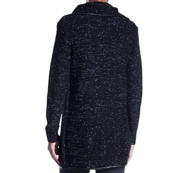 $230 Papillon Knit Jacket Small 2 4 Black Faux Leather Trim Marled Speckled NWT