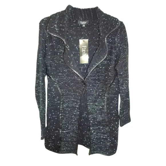 $230 Papillon Knit Jacket Small 2 4 Black Faux Leather Trim Marled Speckled NWT