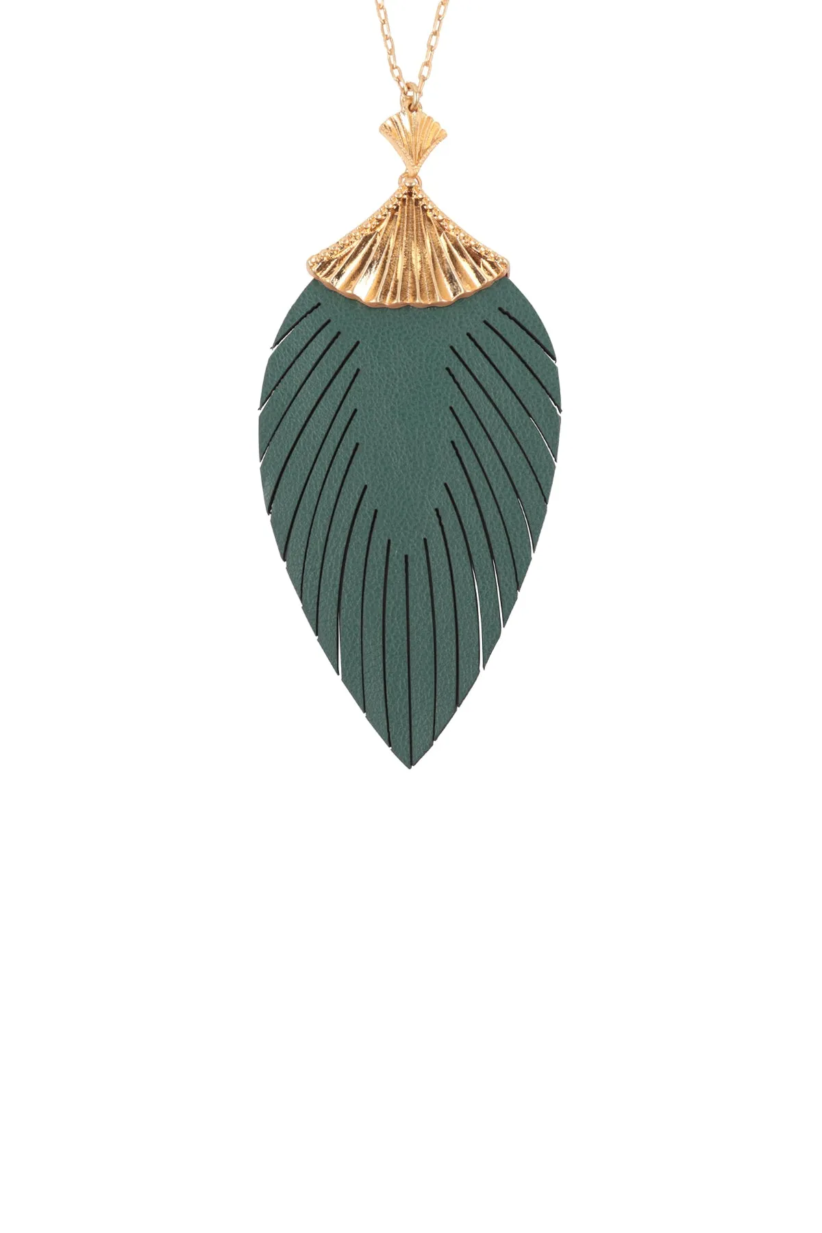 30 INCH LEAF SHAPED PU LEATHER FRINGE LONG NECKLACE