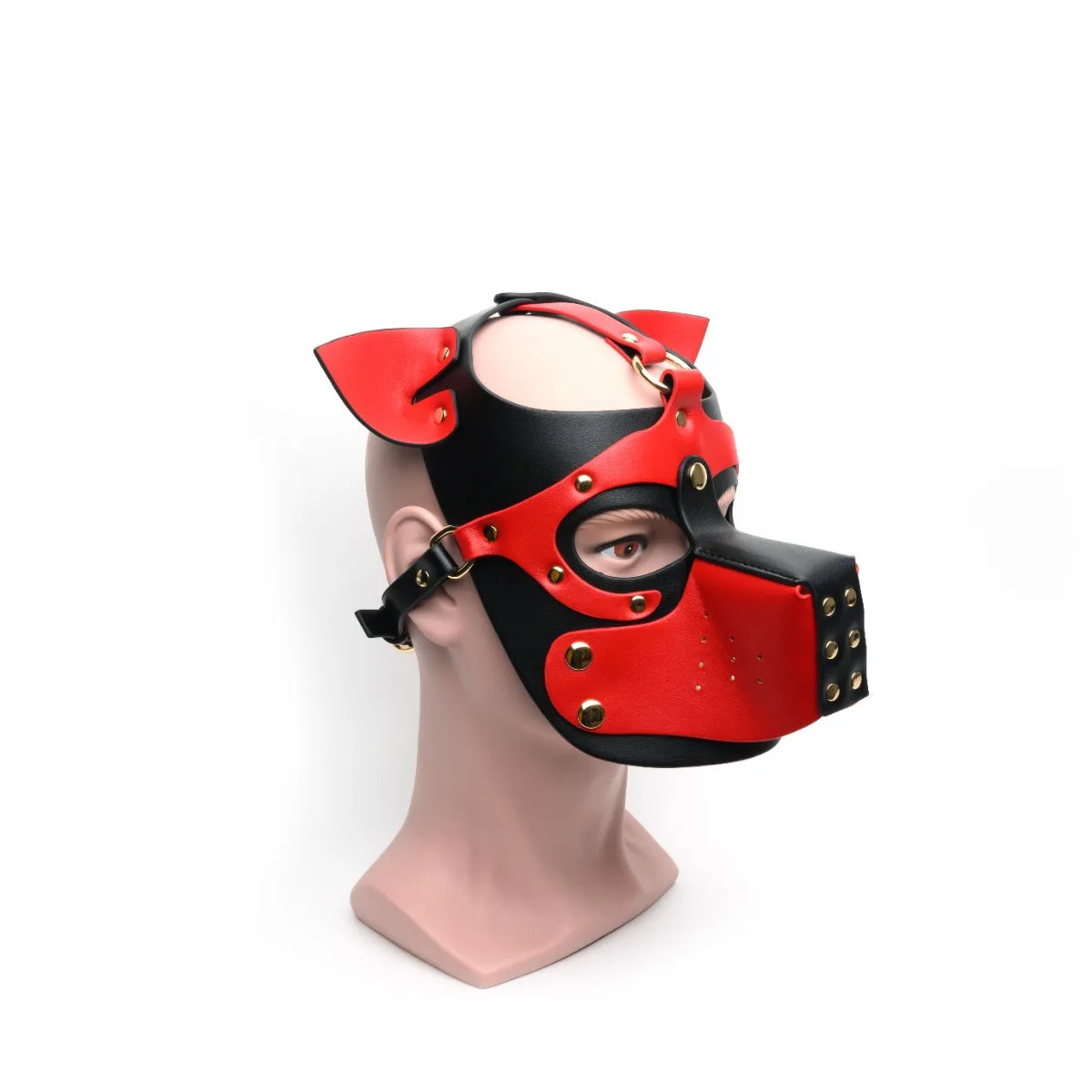665 - Bondage Puppy Play Hood - PU Leer - One Size - Zwart/Rood