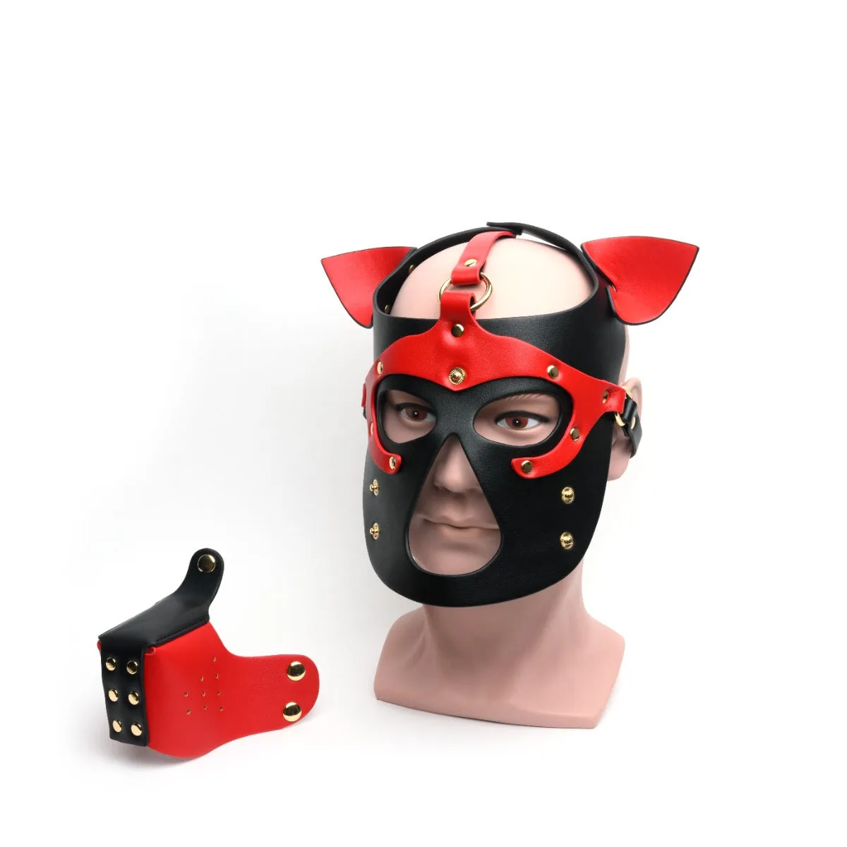 665 - Bondage Puppy Play Hood - PU Leer - One Size - Zwart/Rood