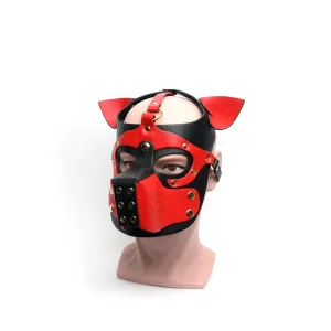 665 - Bondage Puppy Play Hood - PU Leer - One Size - Zwart/Rood