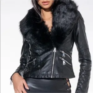 AZALEA WANG FAUX LEATHER FUR COLLARED MOTO JACKET
