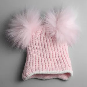 Baby Girls Pink Double Fur Pom - Knitted Hat - Dimples