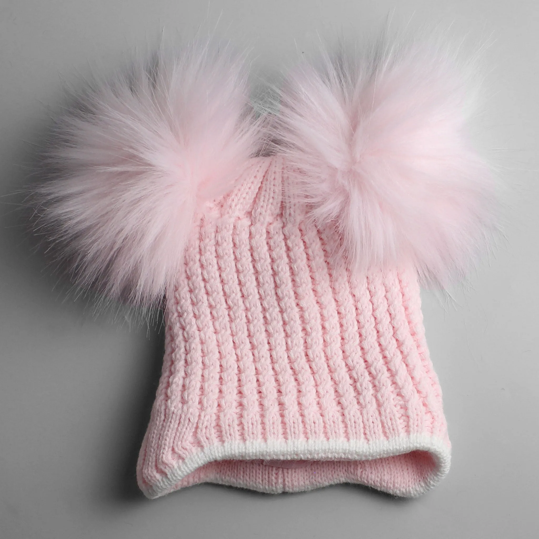 Baby Girls Pink Double Fur Pom - Knitted Hat - Dimples