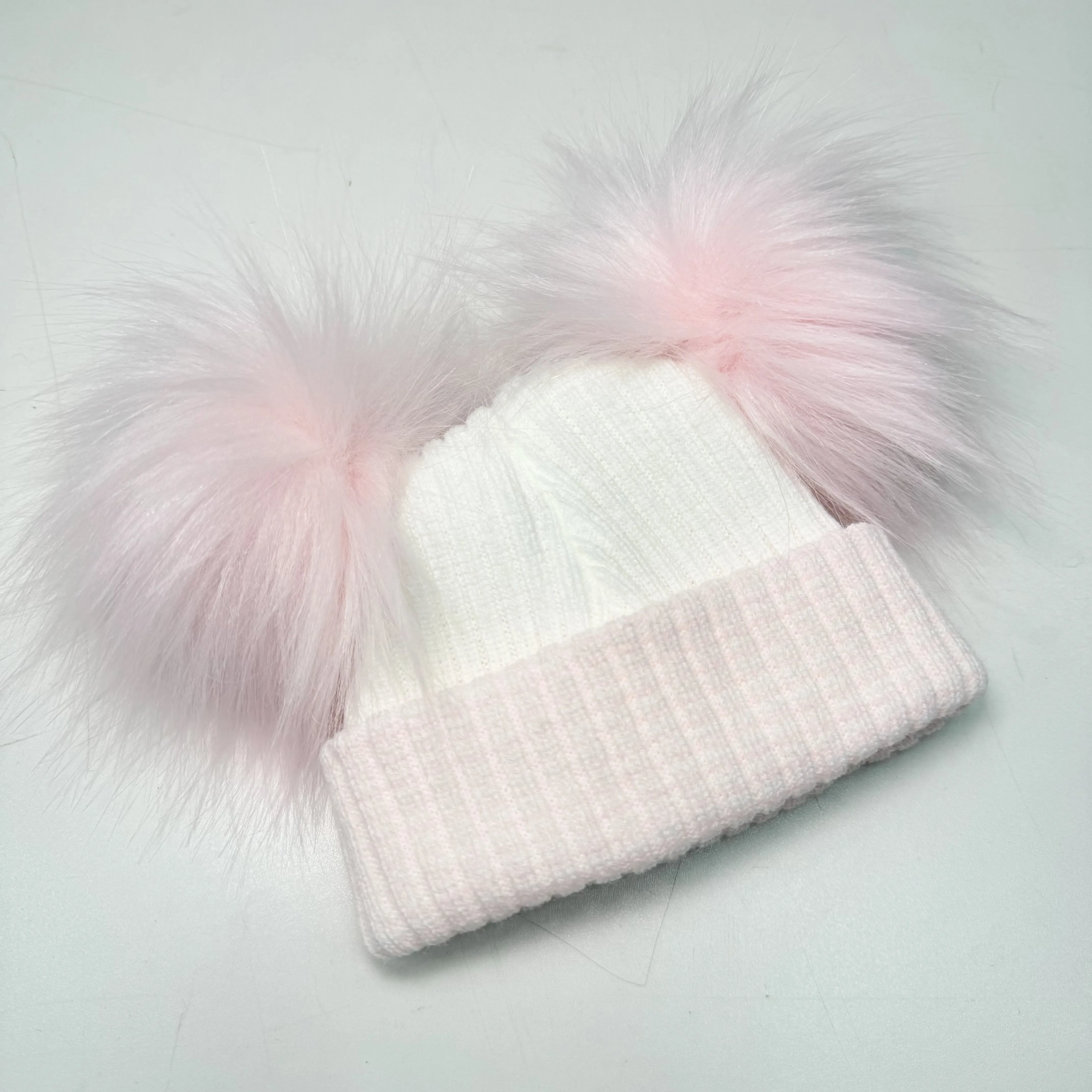 Baby White With Pink Trim And Double Faux Fur Pom Pom knitted Hat