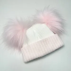 Baby White With Pink Trim And Double Faux Fur Pom Pom knitted Hat