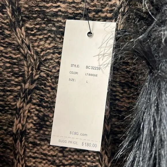 BCBG Max Azria, brown and black tweed sweater with faux fur trim
