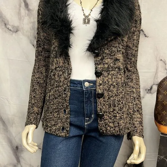 BCBG Max Azria, brown and black tweed sweater with faux fur trim