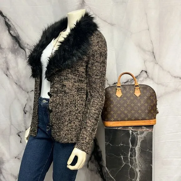 BCBG Max Azria, brown and black tweed sweater with faux fur trim