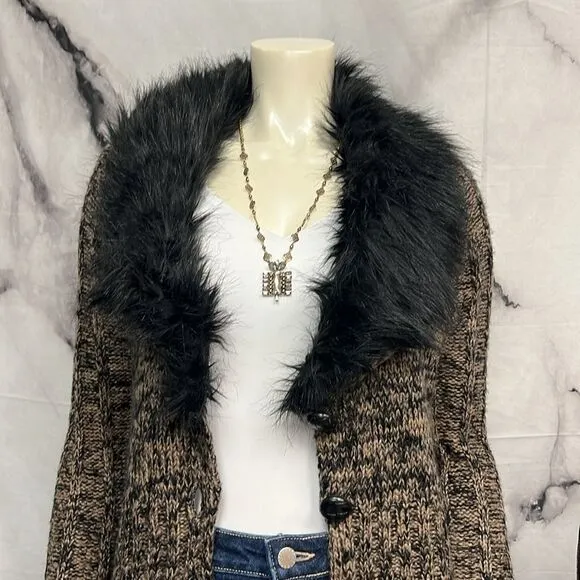 BCBG Max Azria, brown and black tweed sweater with faux fur trim
