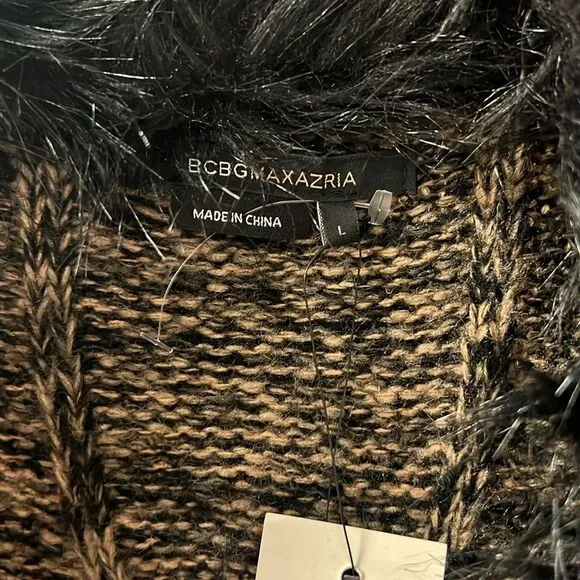 BCBG Max Azria, brown and black tweed sweater with faux fur trim