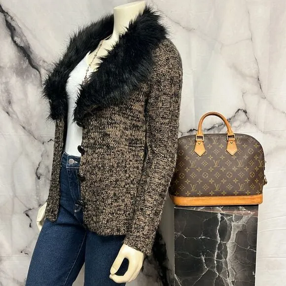 BCBG Max Azria, brown and black tweed sweater with faux fur trim