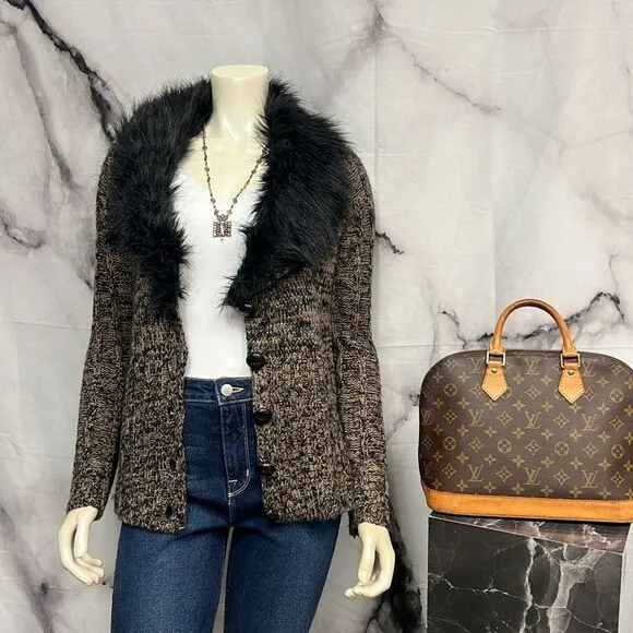 BCBG Max Azria, brown and black tweed sweater with faux fur trim