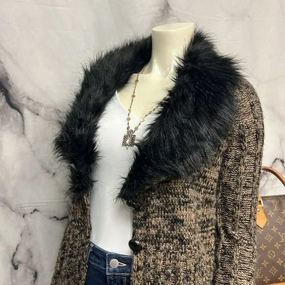 BCBG Max Azria, brown and black tweed sweater with faux fur trim