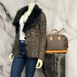 BCBG Max Azria, brown and black tweed sweater with faux fur trim