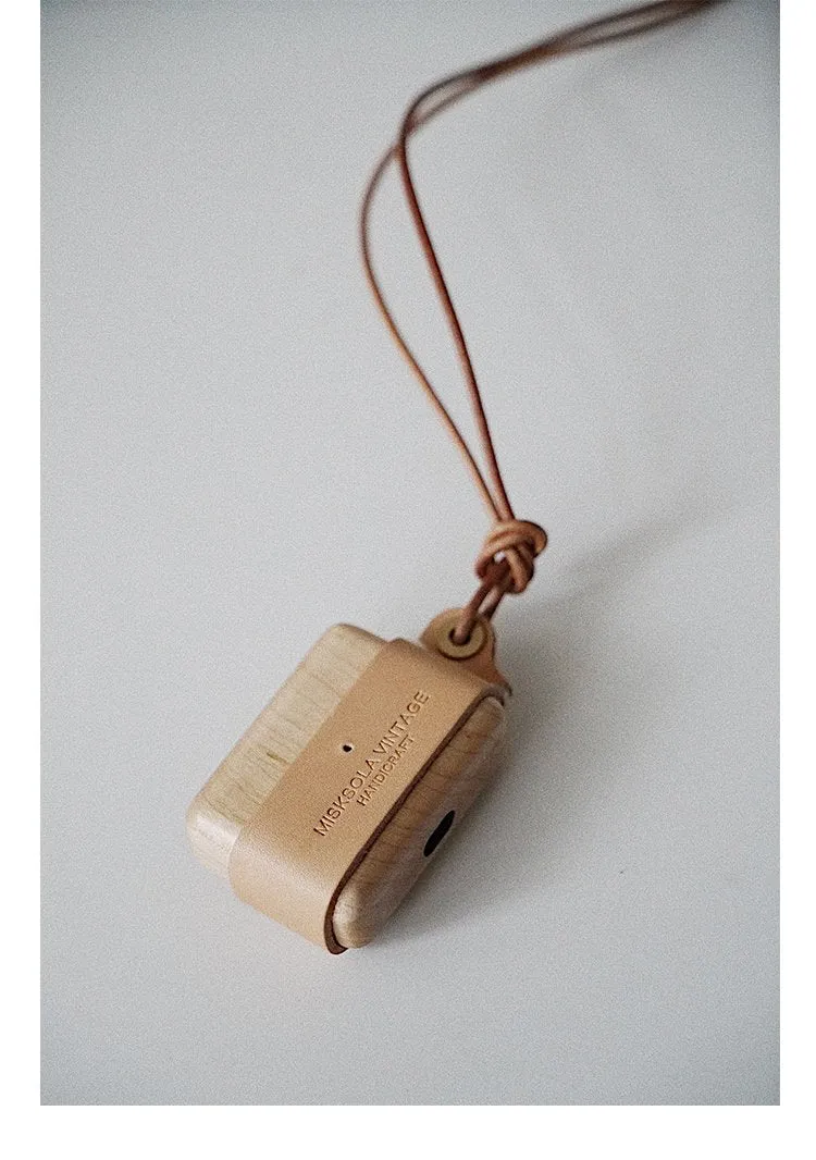 Beige Wood Leather AirPods 1,2 Case with Clip Strap Leather Pro AirPods Case Airpod Case Cover
