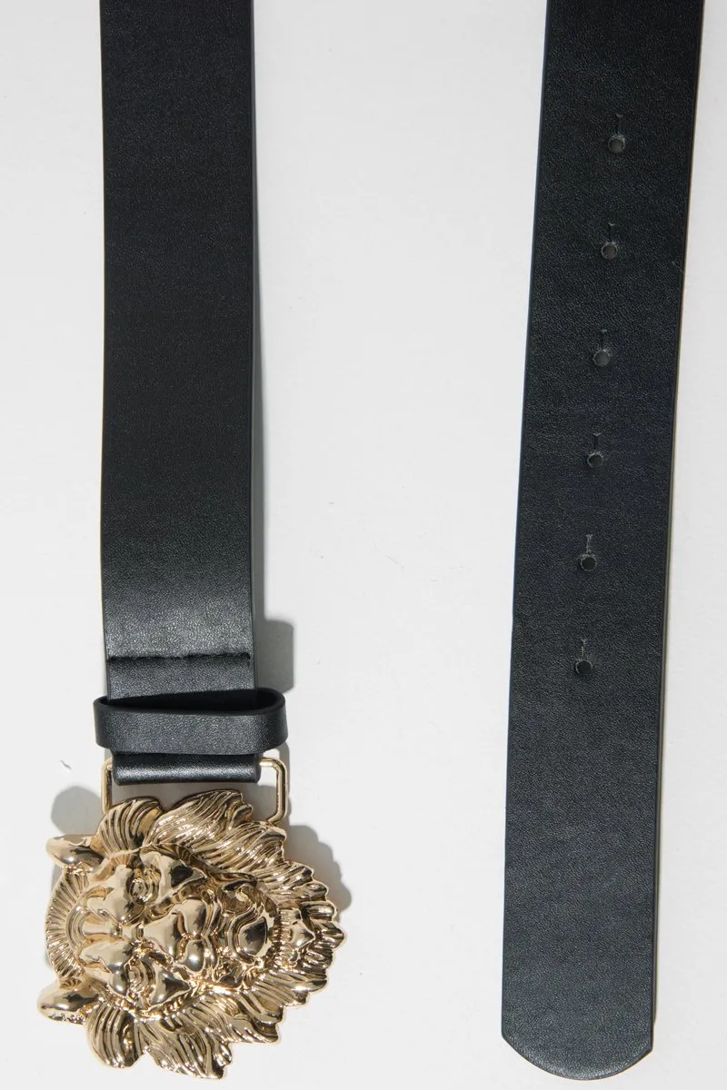 Black Faux Leather Gold Lion Head Buckle - Noha