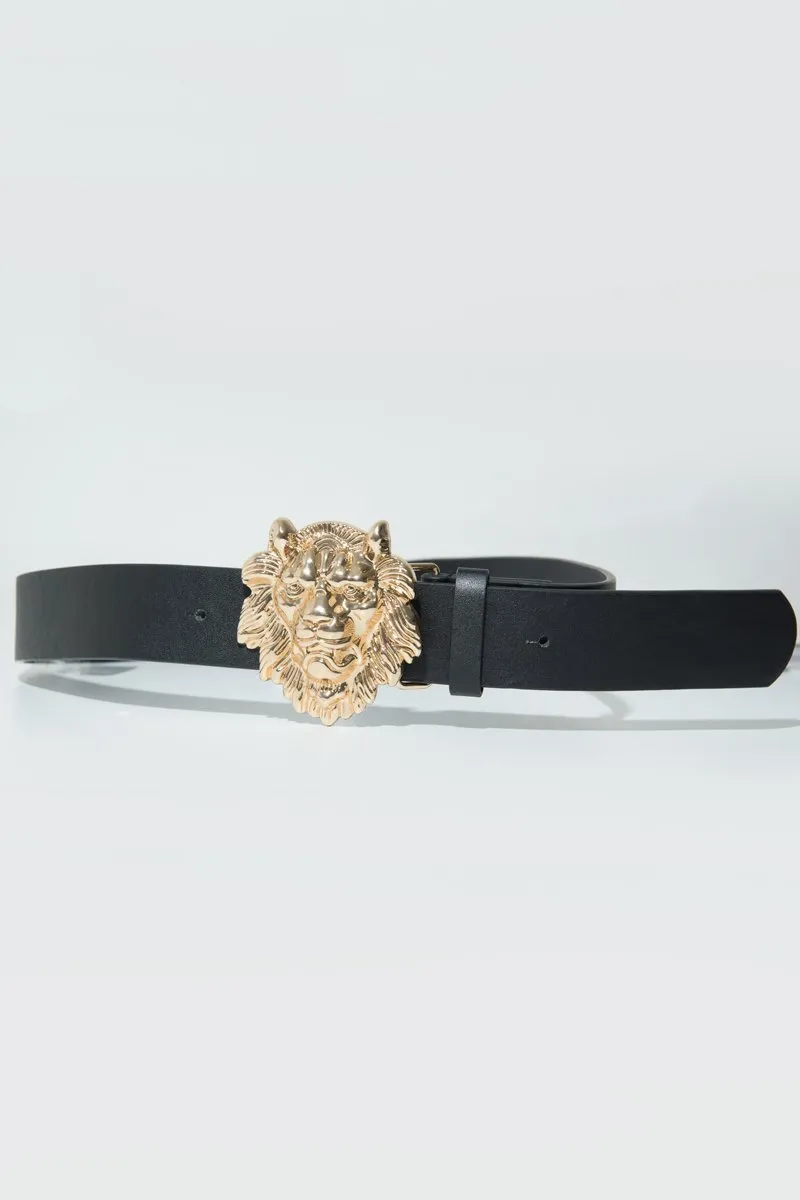 Black Faux Leather Gold Lion Head Buckle - Noha