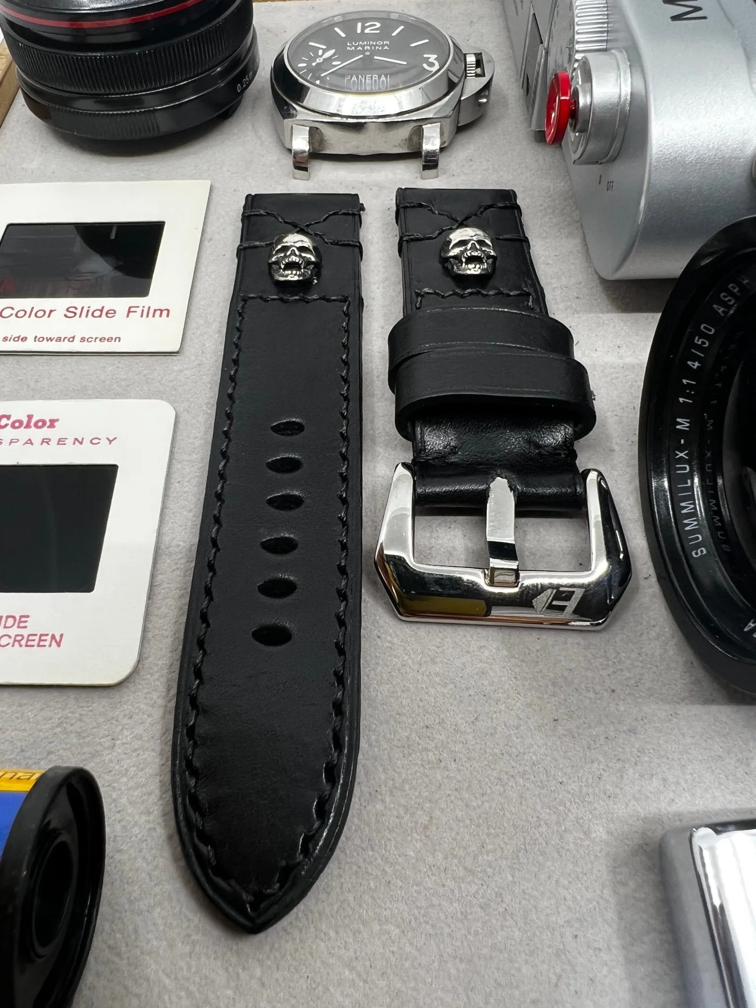 Black leather watch Straps 20mm, Sterling Silver 925 Skull, Buckle Watch Band 24mm Wrist Watch Straps in Black Stitching, Men gift ideas