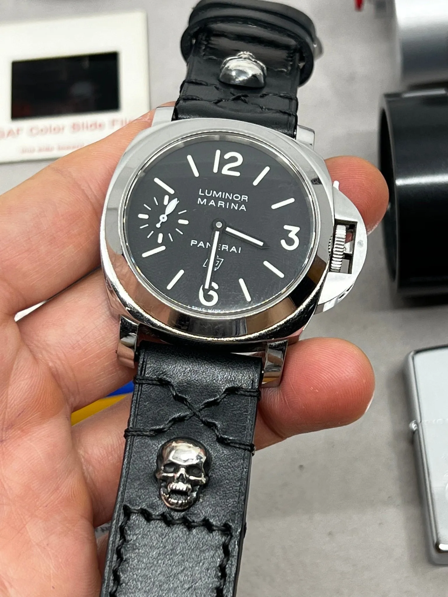 Black leather watch Straps 20mm, Sterling Silver 925 Skull, Buckle Watch Band 24mm Wrist Watch Straps in Black Stitching, Men gift ideas