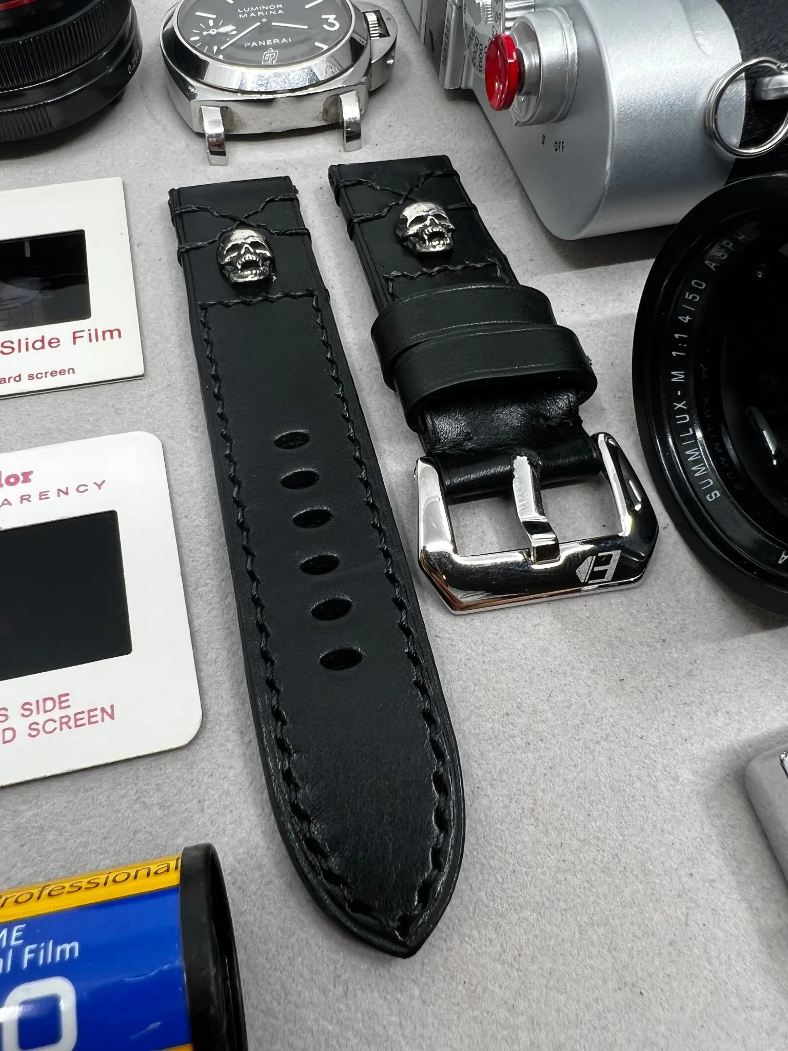 Black leather watch Straps 20mm, Sterling Silver 925 Skull, Buckle Watch Band 24mm Wrist Watch Straps in Black Stitching, Men gift ideas