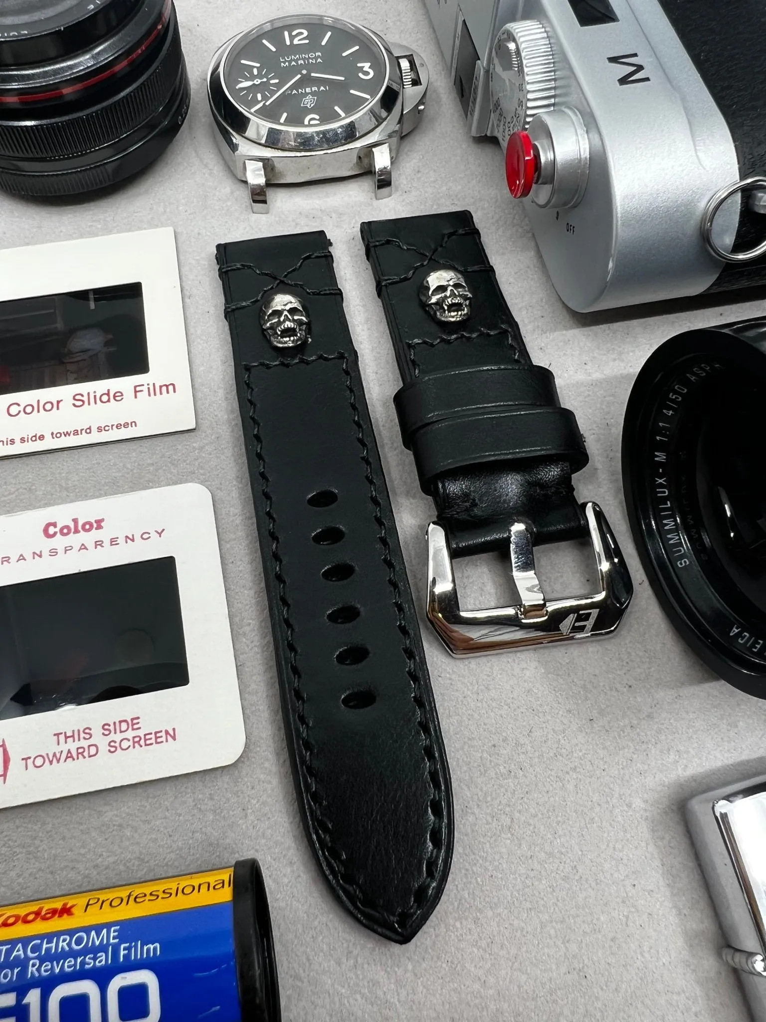 Black leather watch Straps 20mm, Sterling Silver 925 Skull, Buckle Watch Band 24mm Wrist Watch Straps in Black Stitching, Men gift ideas