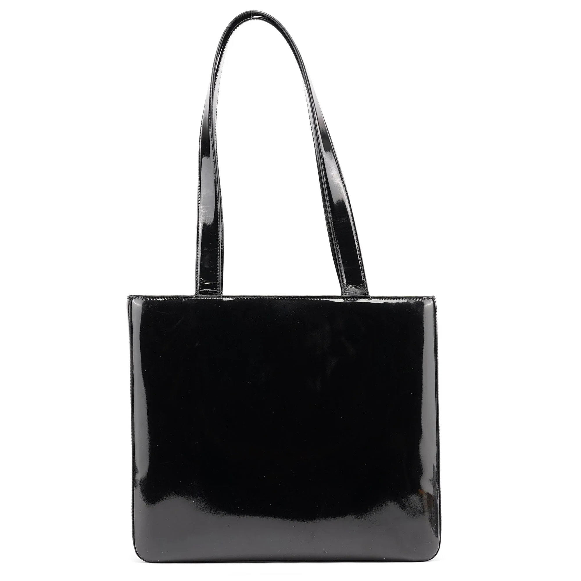 Black Patent Leather Logo Tote Bag