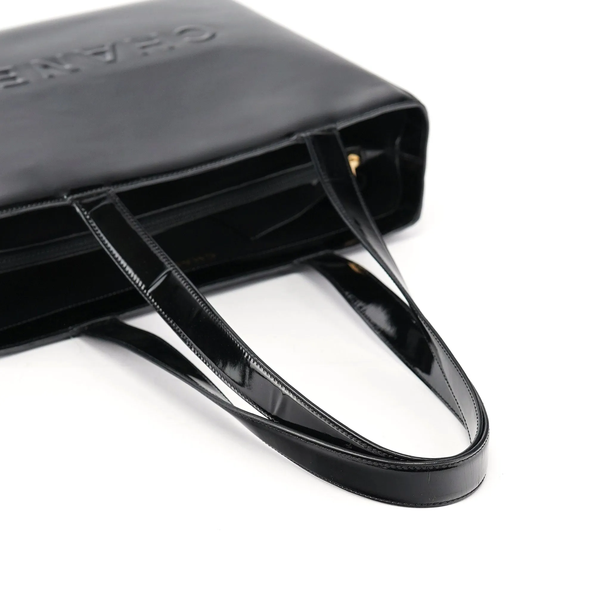 Black Patent Leather Logo Tote Bag