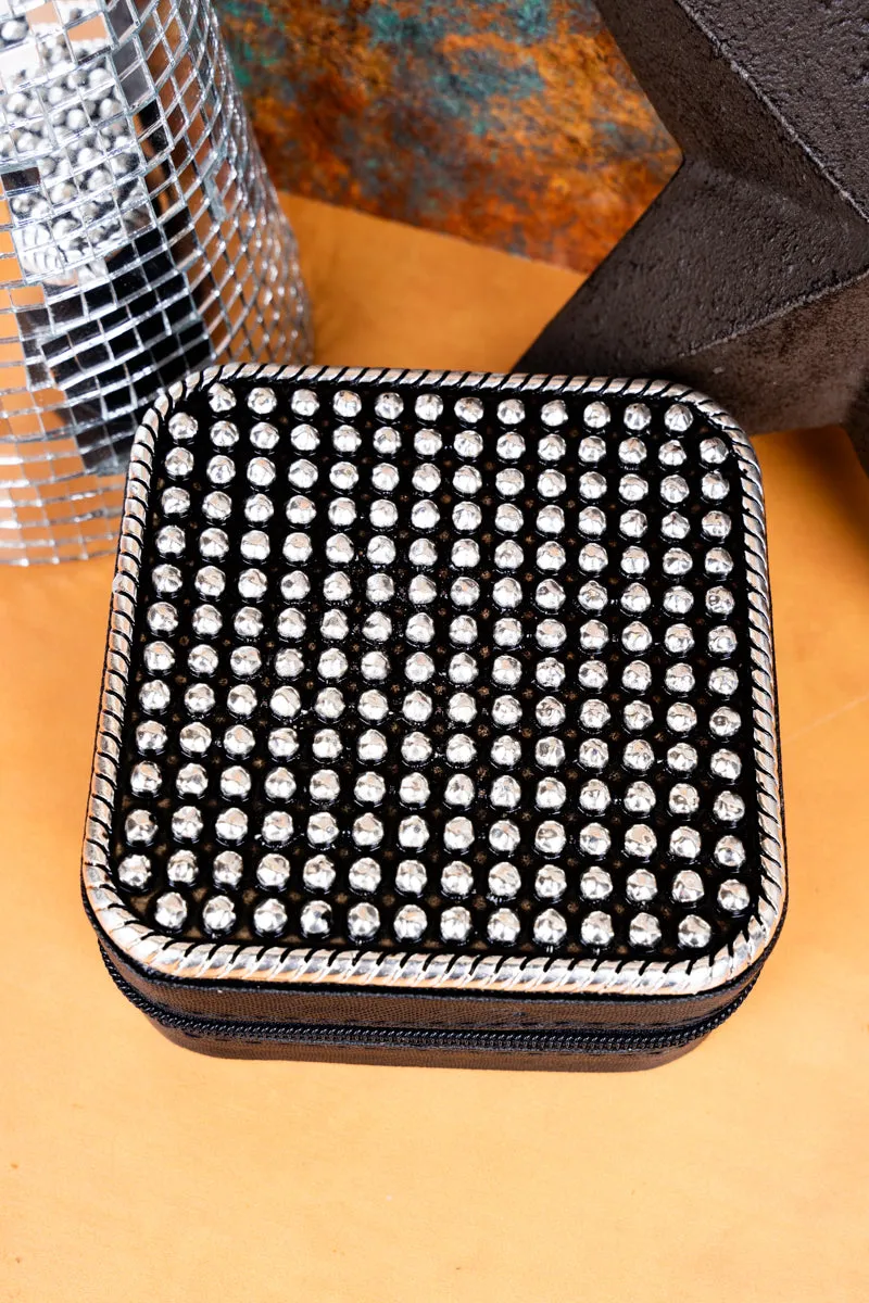 Black Silvertone Studded Small Travel Jewelry Box