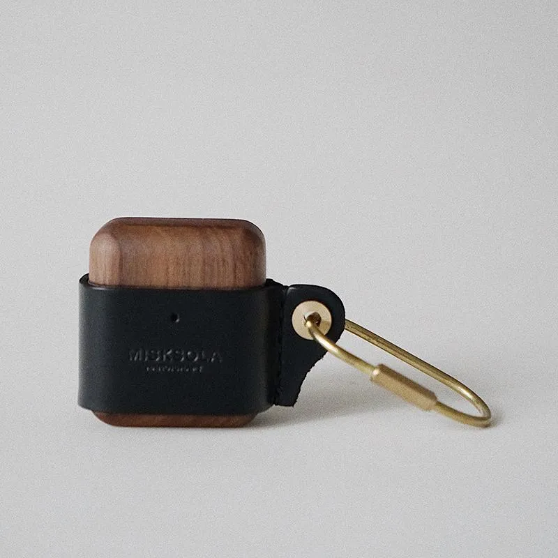 Black Wood Leather AirPods 1,2 Case with Clip Strap Leather Pro AirPods Case Airpod Case Cover