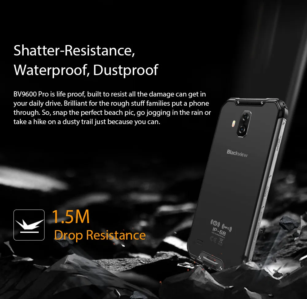 Blackview BV9600 Pro IP68 Waterproof Mobile Phone Helio P60 6GB   128GB 19:9 6.21"" FHD AMOLED NFC Android 8.1 5580mAh Black