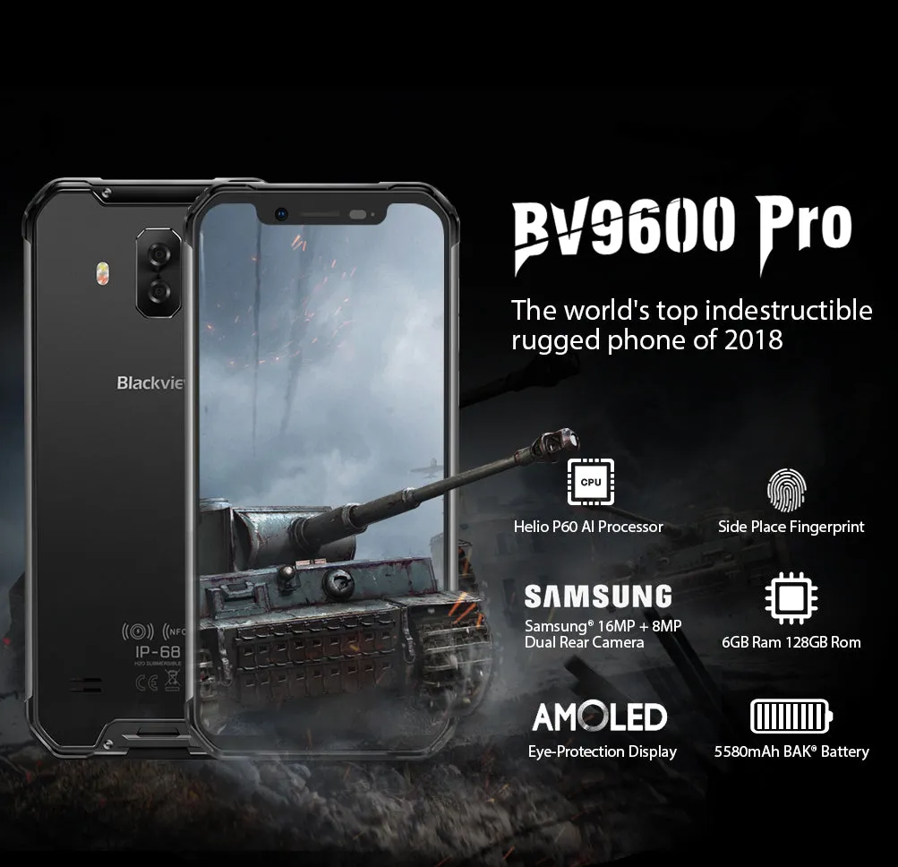 Blackview BV9600 Pro IP68 Waterproof Mobile Phone Helio P60 6GB   128GB 19:9 6.21"" FHD AMOLED NFC Android 8.1 5580mAh Black