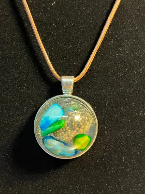 Blue and green rock inlaid stone, silver round shaped pendant necklace