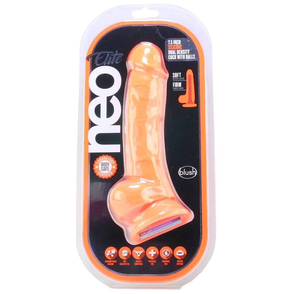 Blush Neo Elite 7.5 in. Silicone Dual Density Dildo with Balls & Suction Cup Neon Orange