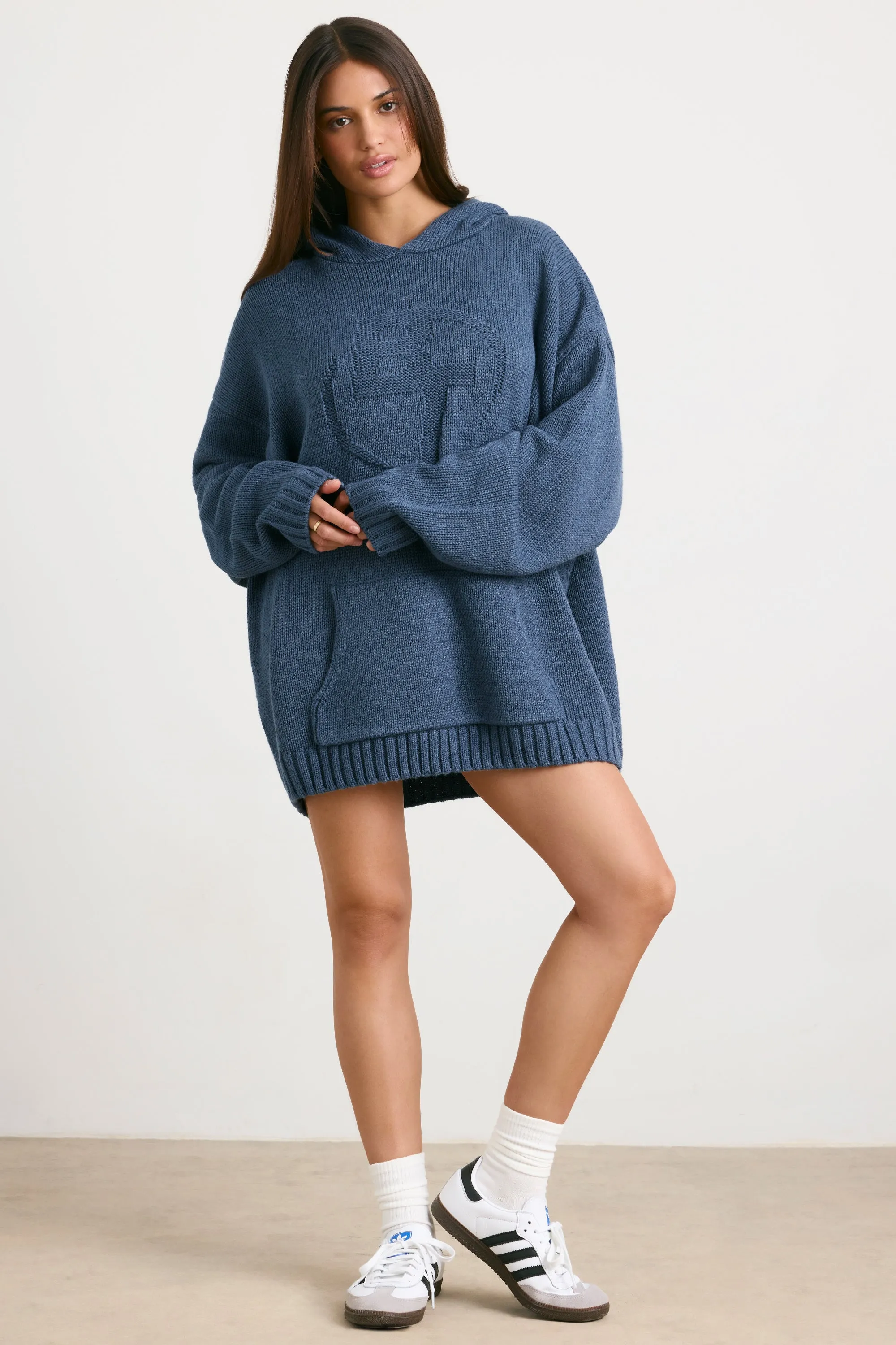 Boyfriend - Oversized Chunky Knit Hoodie in Washed Navy