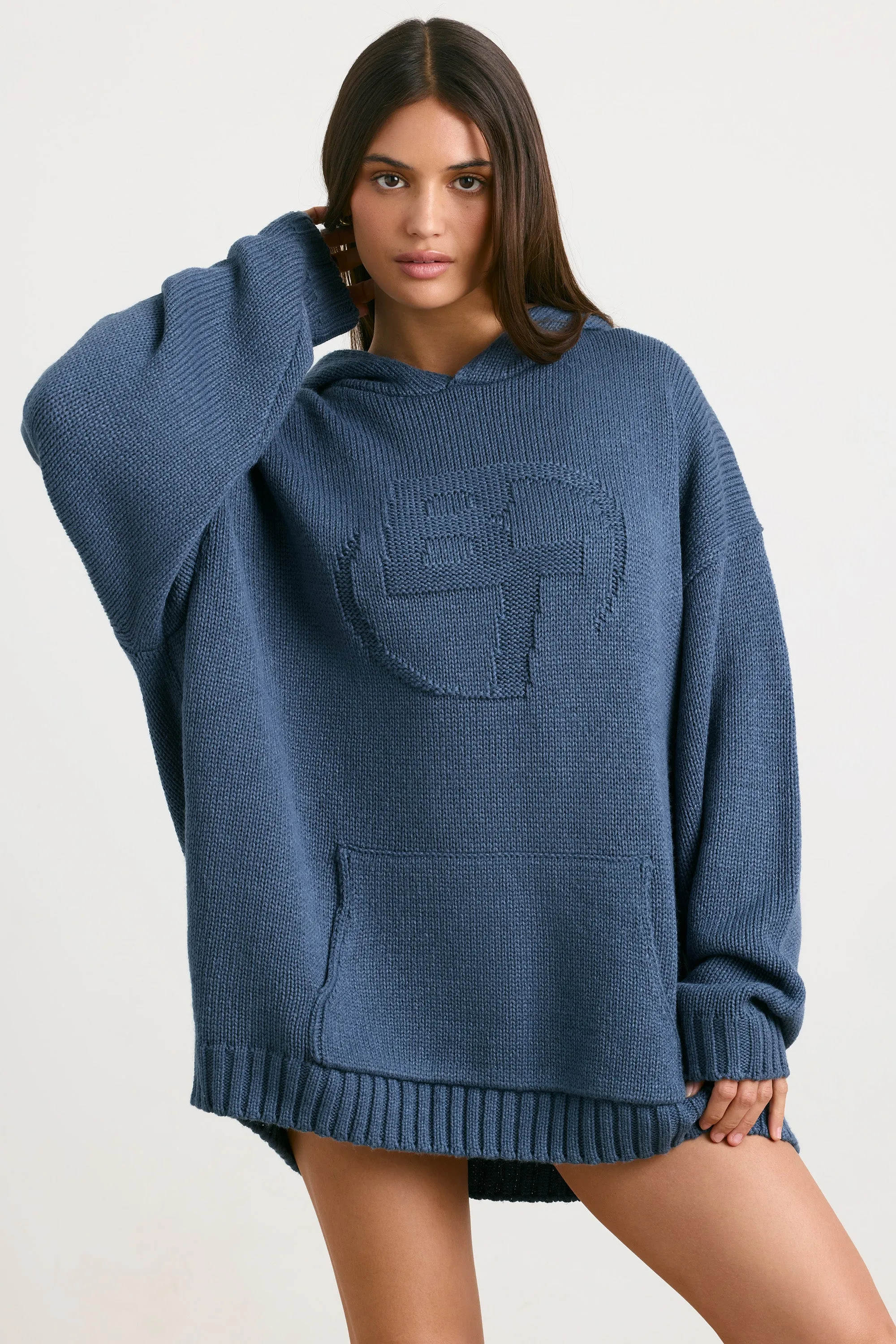 Boyfriend - Oversized Chunky Knit Hoodie in Washed Navy