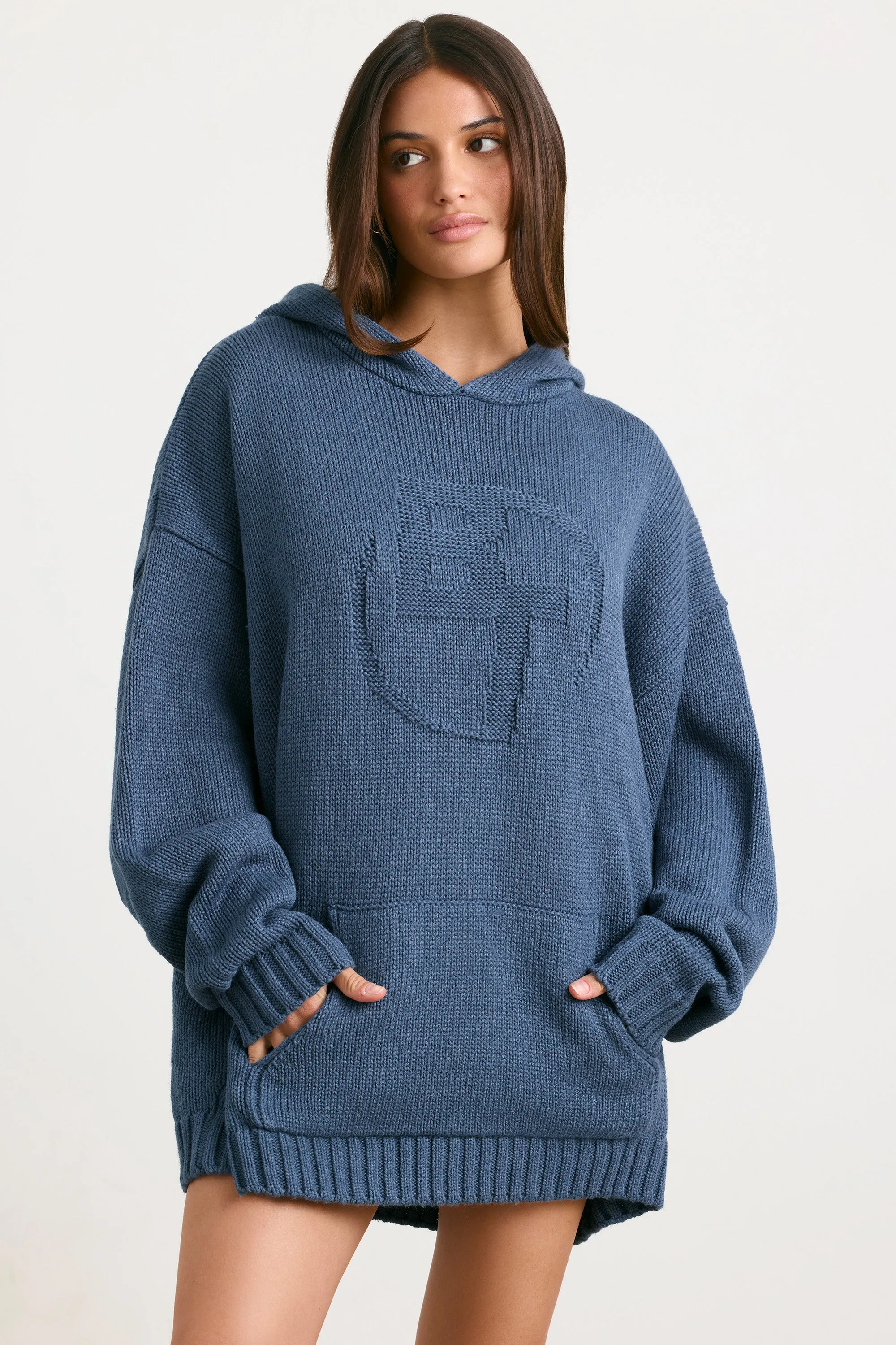 Boyfriend - Oversized Chunky Knit Hoodie in Washed Navy