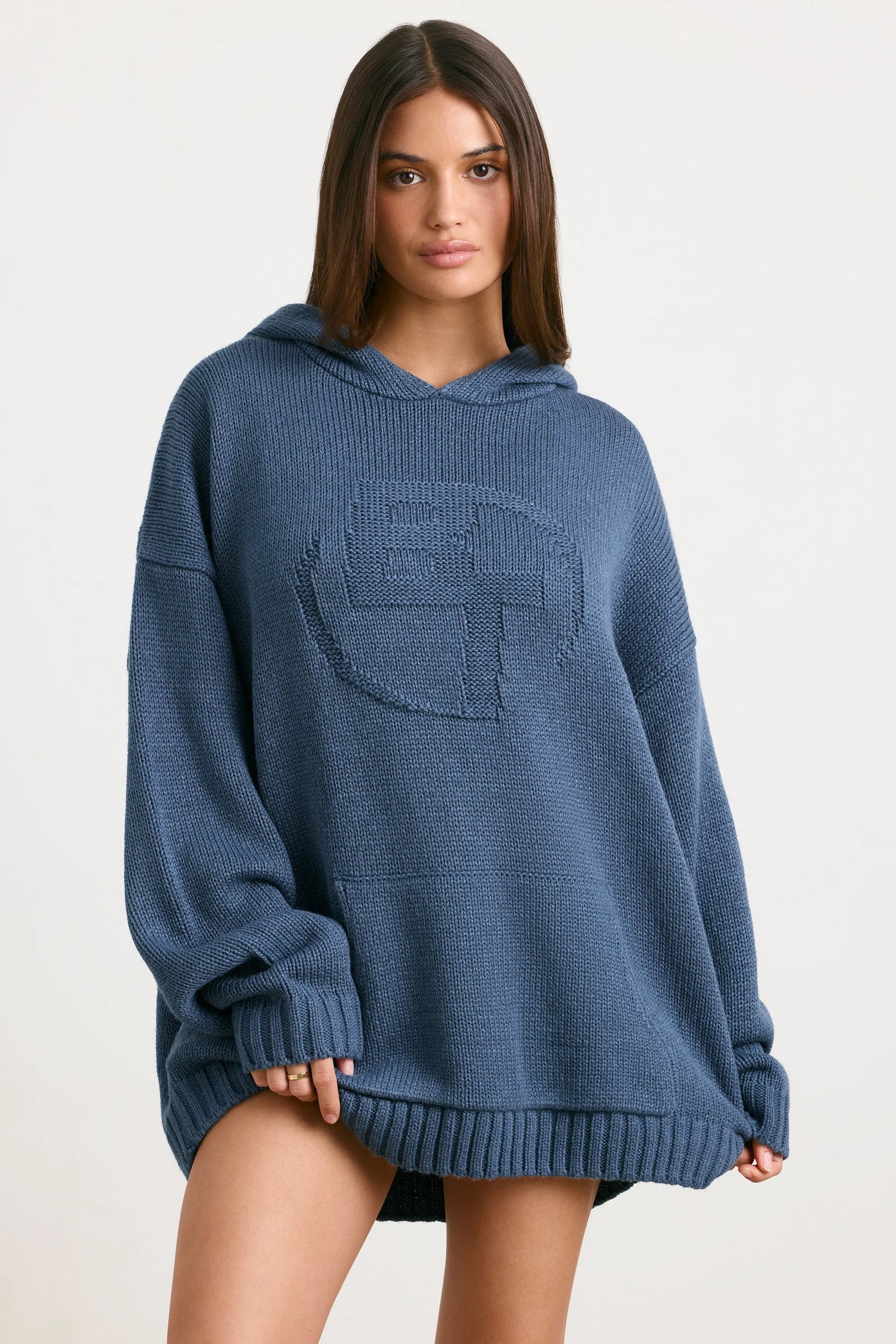 Boyfriend - Oversized Chunky Knit Hoodie in Washed Navy