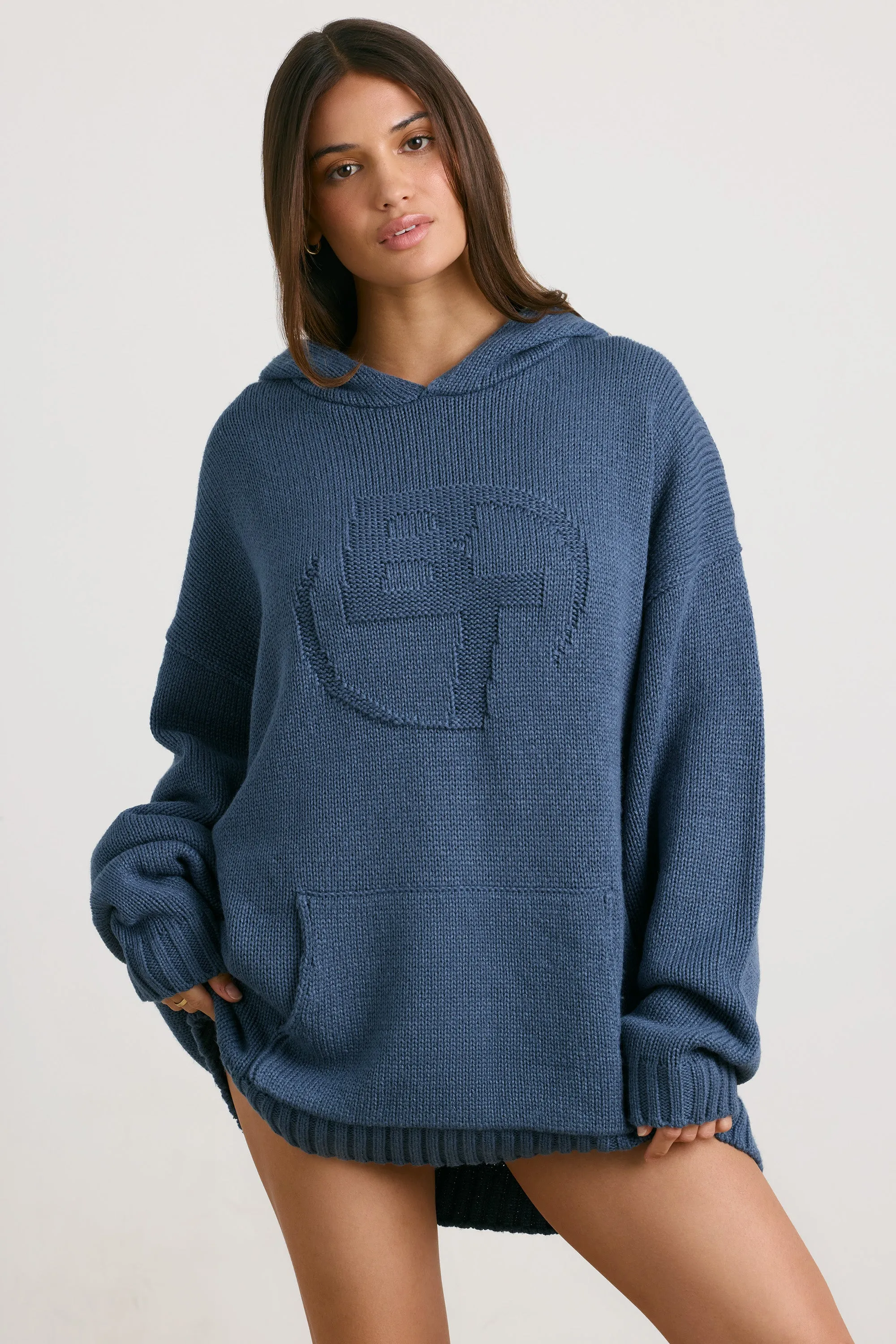 Boyfriend - Oversized Chunky Knit Hoodie in Washed Navy