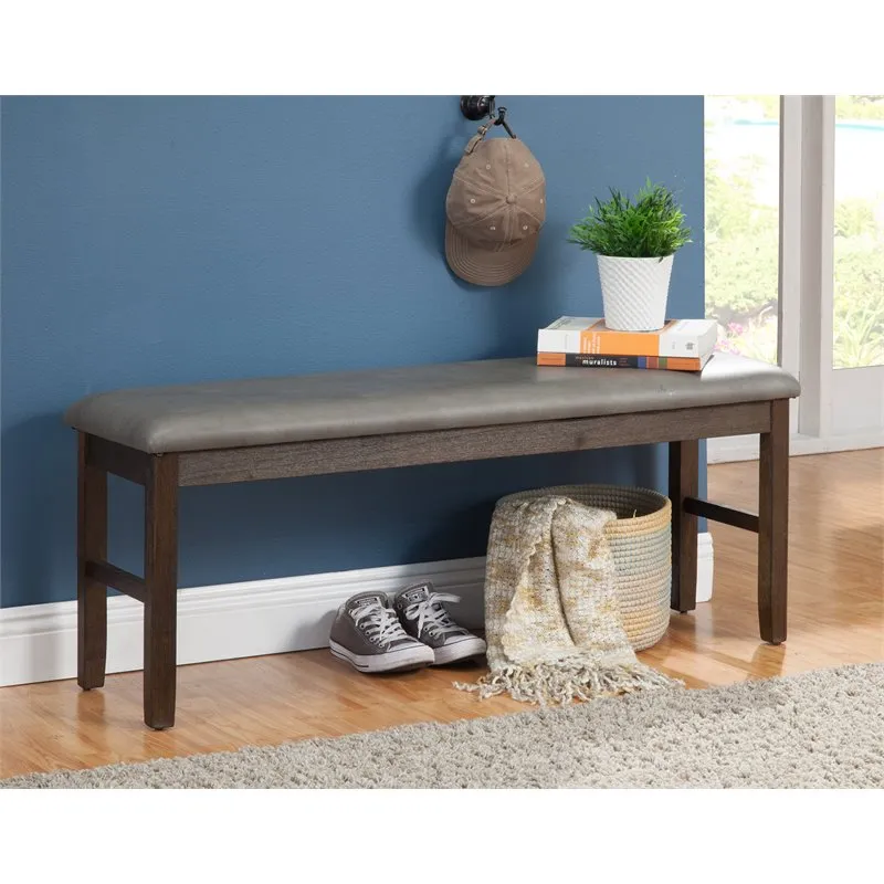 Brand new Alpine Furniture Emery Wood Bench in Walnut with faux grey leather seat! Retails $260 