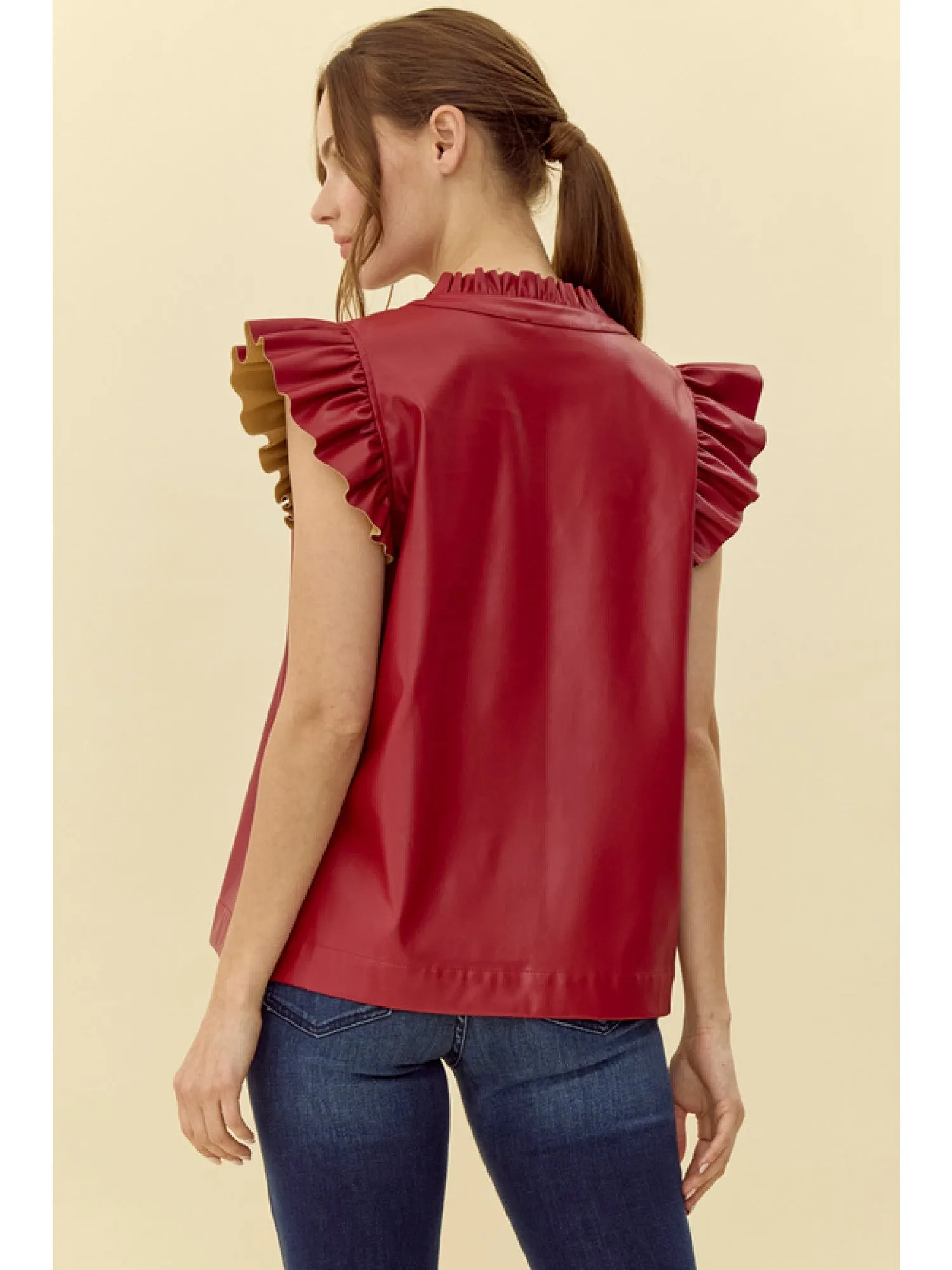 Bretton Vegan Leather V-Neck Top With Shoulder & Collar Ruffle