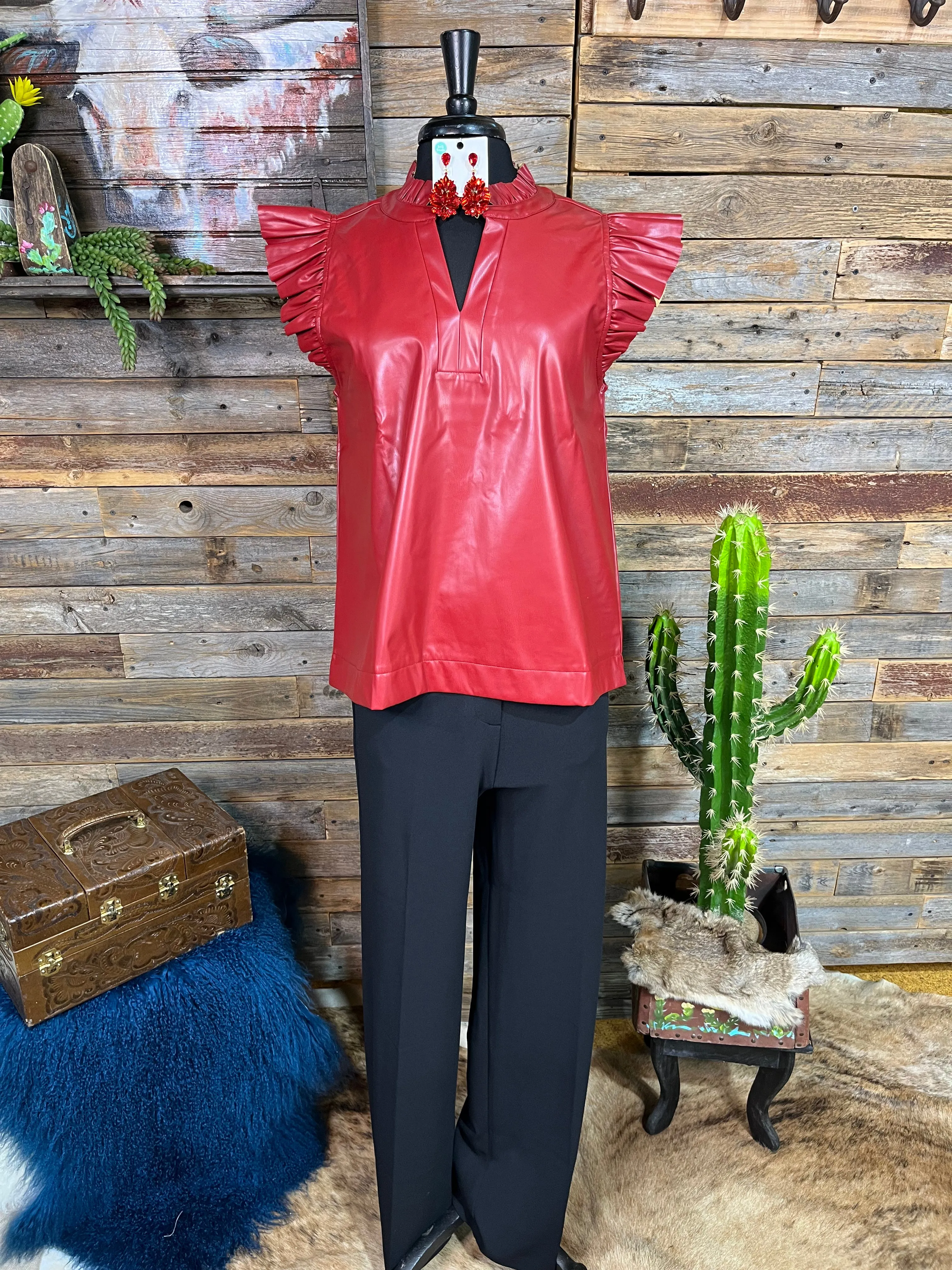 Bretton Vegan Leather V-Neck Top With Shoulder & Collar Ruffle