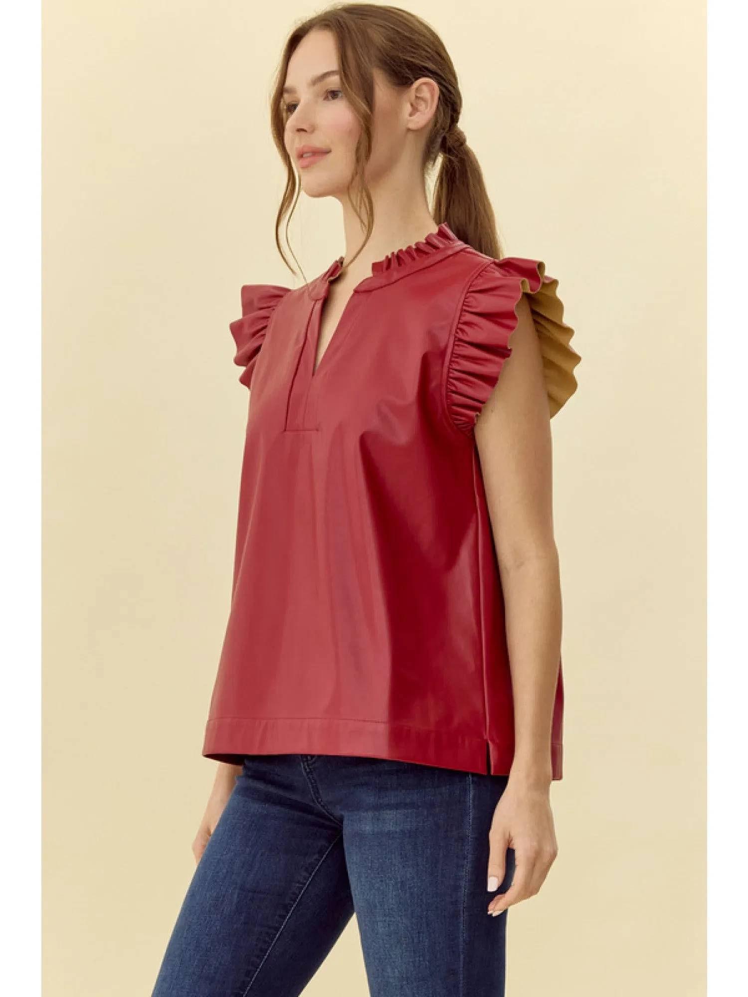 Bretton Vegan Leather V-Neck Top With Shoulder & Collar Ruffle