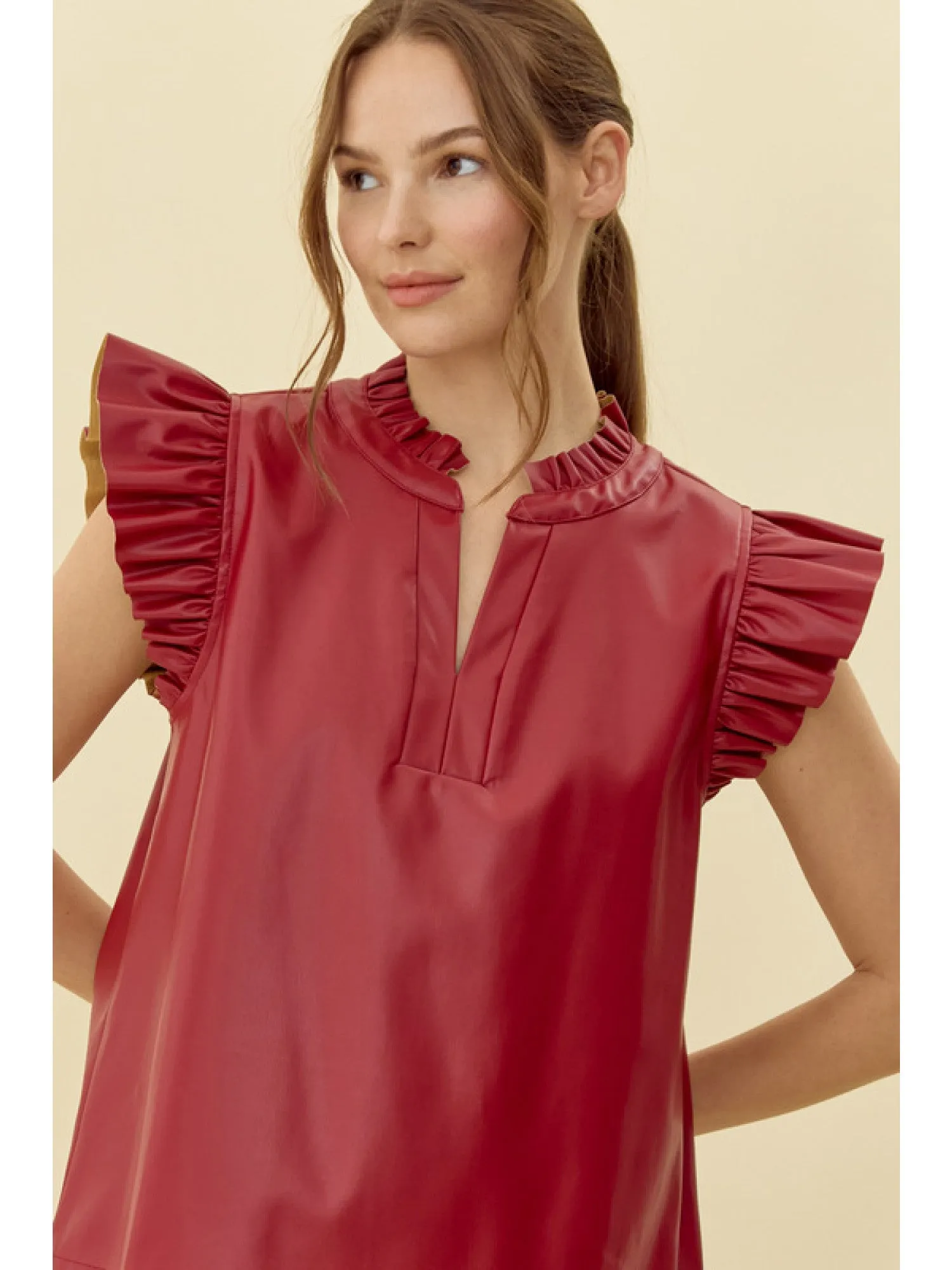 Bretton Vegan Leather V-Neck Top With Shoulder & Collar Ruffle