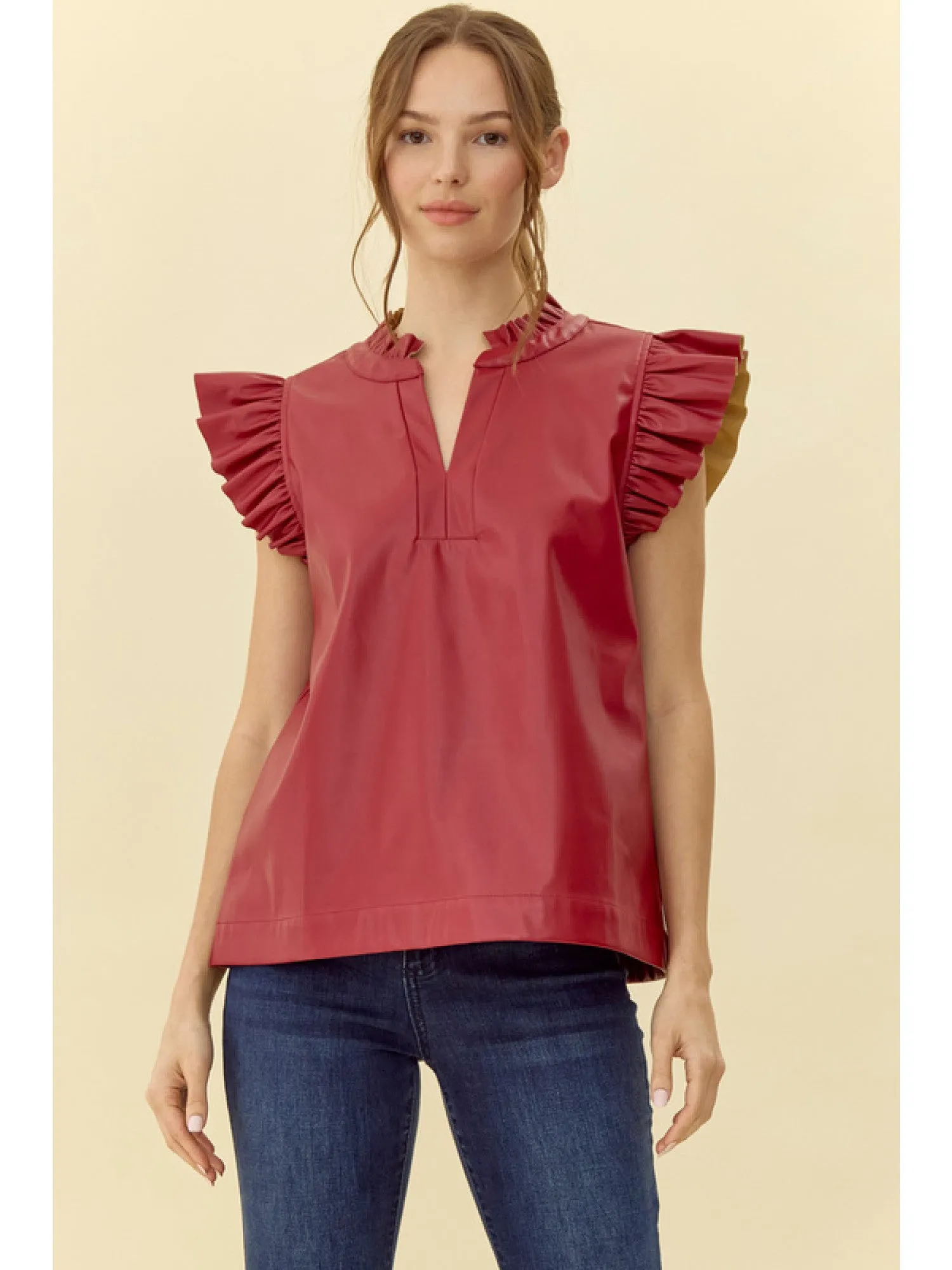 Bretton Vegan Leather V-Neck Top With Shoulder & Collar Ruffle
