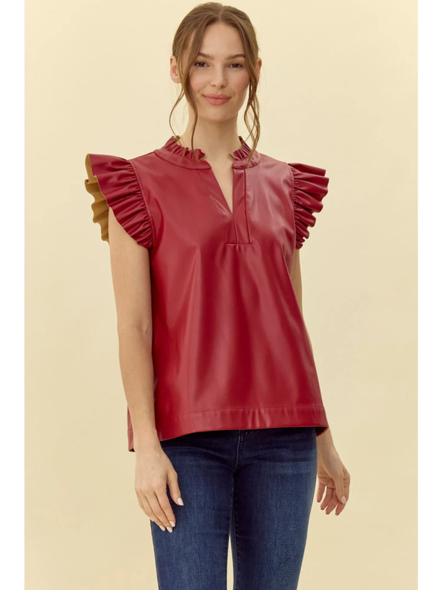 Bretton Vegan Leather V-Neck Top With Shoulder & Collar Ruffle